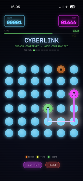 CyberLink gameplay grid with root and breach nodes linked