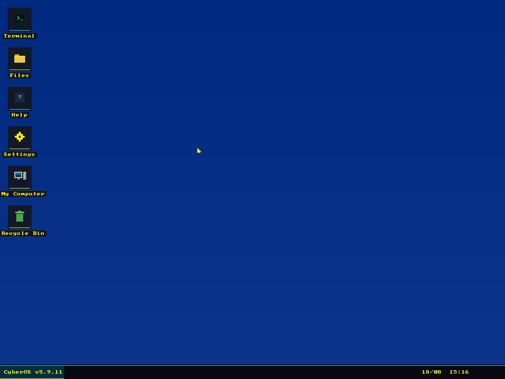 The CyberOS v5.9.11 desktop: a blue background with pixel-art icons down the left for Terminal, Files, Help, Settings, My Computer and Recycle Bin, and a taskbar showing the version and a live clock