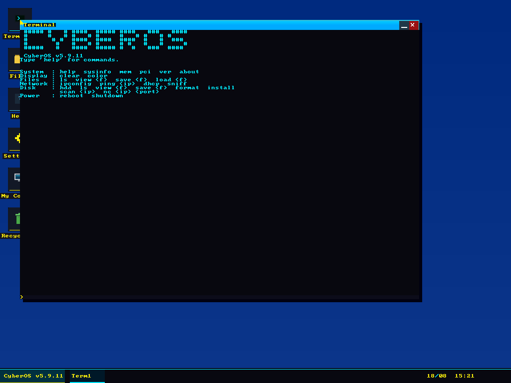 The CyberOS terminal showing an ASCII-art banner and the output of the help command, listing commands grouped under System, Display, Files, Network, Disk and Power