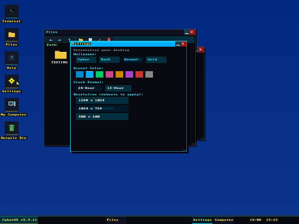 Three overlapping CyberOS windows, a file manager, a settings panel and My Computer, showing correct z-ordering, title bars with minimise and close buttons, resize grips, and a taskbar listing each open window