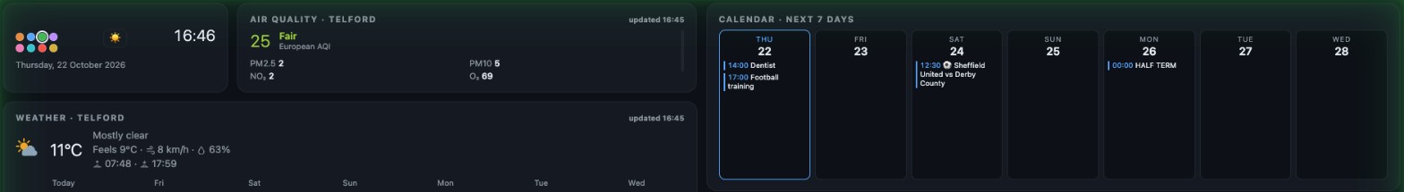 The top of the dashboard in dark mode: clock, air quality, a seven-day weather forecast and a week-view calendar