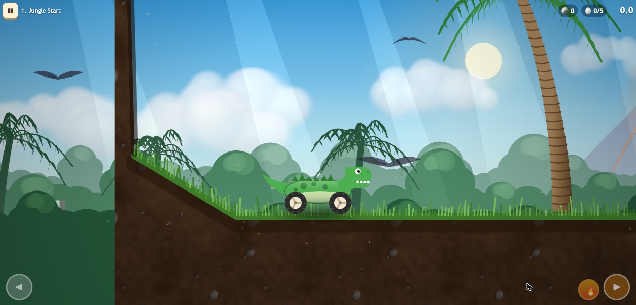 A T-rex car driving through the first jungle level