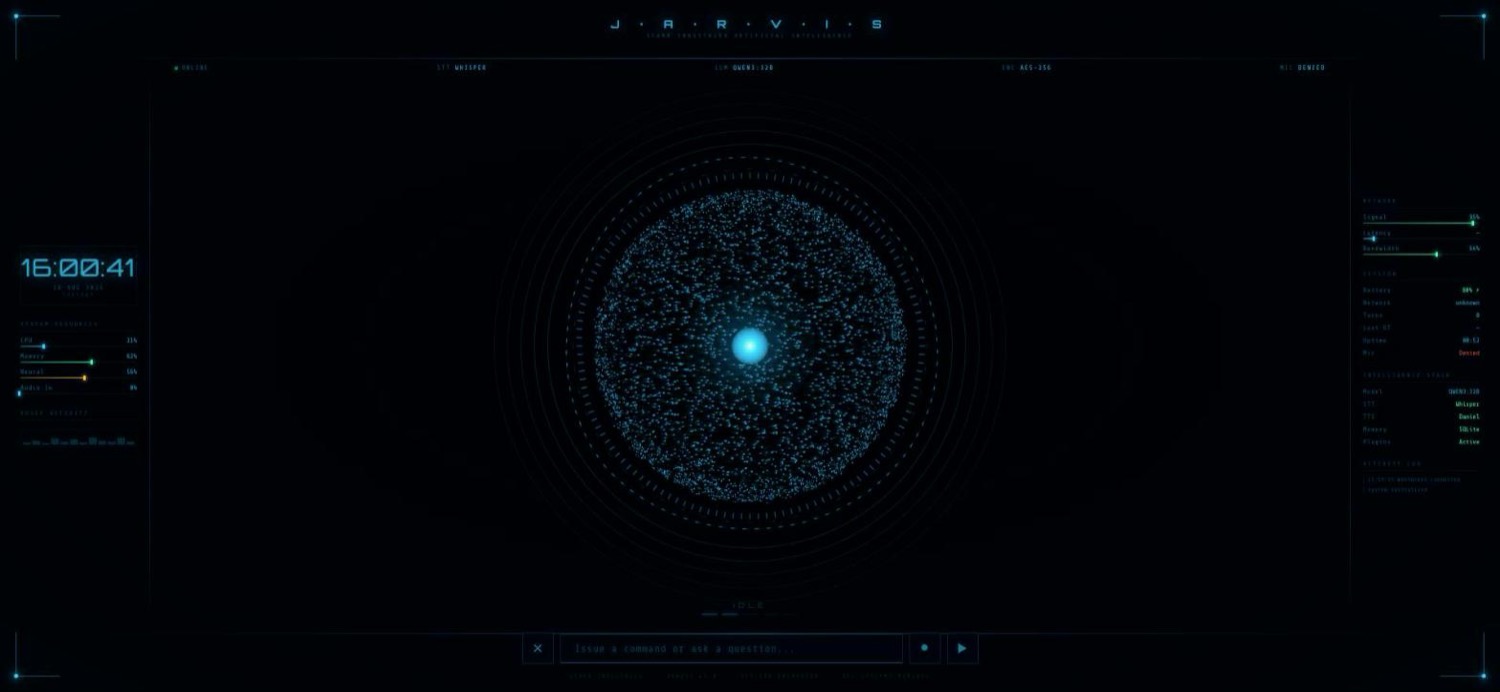 The JARVIS interface: a dark HUD with an animated particle sphere at its centre, a live clock, system resource meters for CPU, memory and audio input, a voice activity waveform, network and session panels, an intelligence stack listing the model, speech-to-text, text-to-speech and memory backends, and a command bar along the bottom
