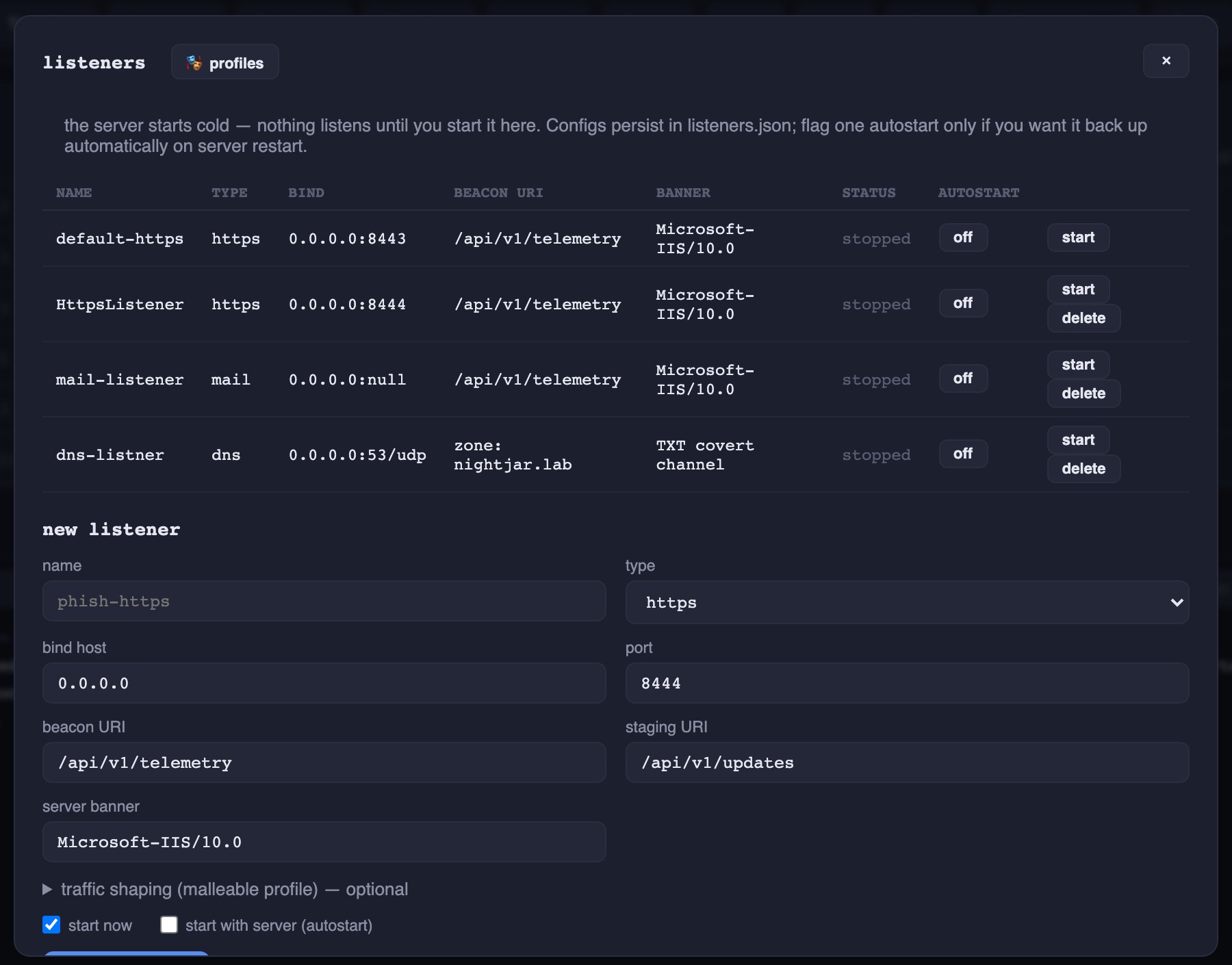 The NightJARC2 listeners panel: HTTPS, mail and DNS listeners with their bind address, beacon URI and server banner, plus a form to add a new listener