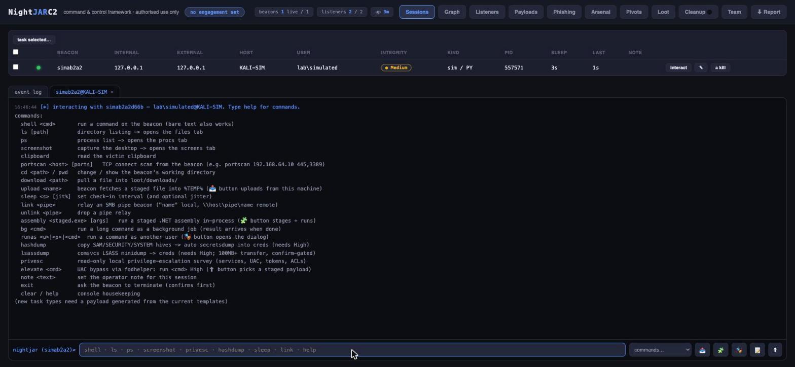The NightJARC2 web interface: a session table listing one simulated beacon on host KALI-SIM with integrity, PID and sleep columns, and an interactive beacon console below showing the full command list
