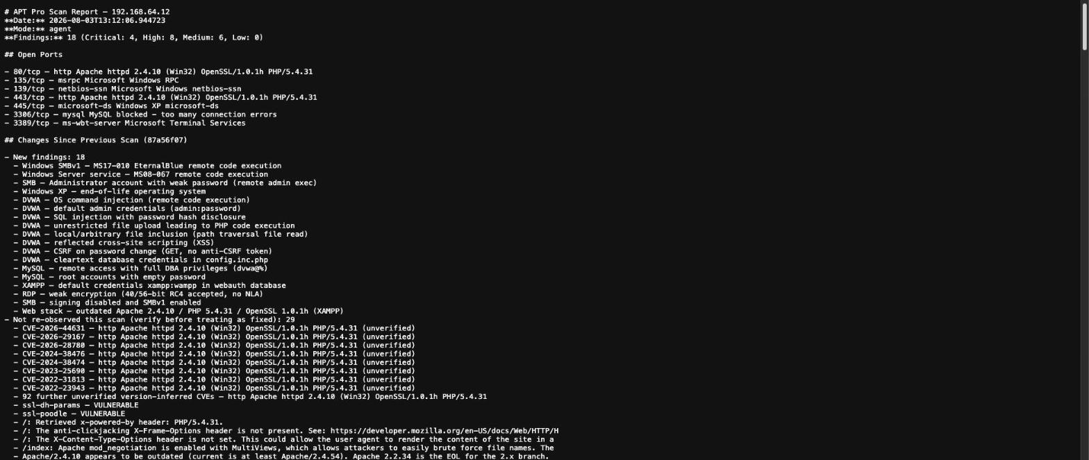 A generated ReconPro scan report in Markdown: open ports, then eighteen new verified findings including EternalBlue and several DVWA injection issues, then a separate section listing twenty-nine findings not re-observed this scan and flagged for verification before being treated as fixed