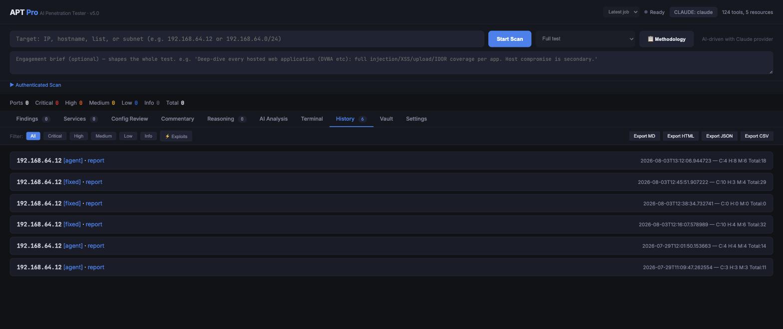 The ReconPro interface showing the scan history tab: six runs against a lab host, each row tagged agent or fixed with its critical, high and medium counts, above tabs for findings, services, config review, reasoning, terminal and the credential vault