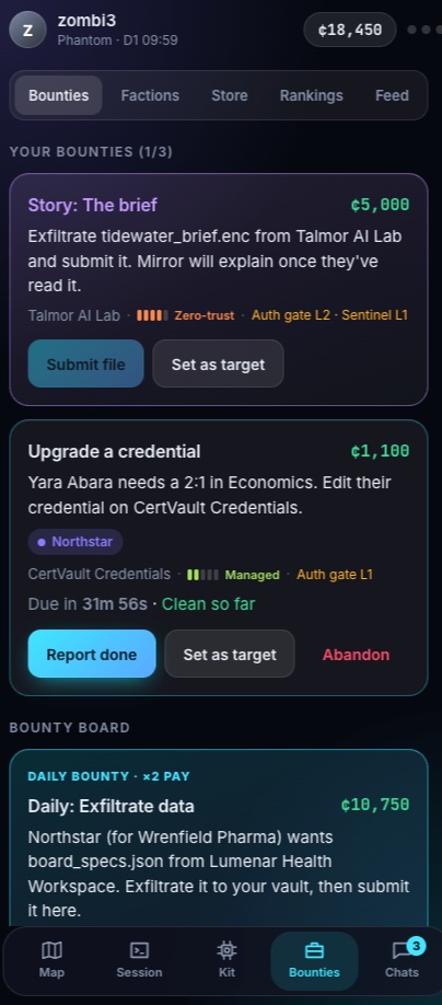 The Bounty board showing active bounties and the Daily Bounty