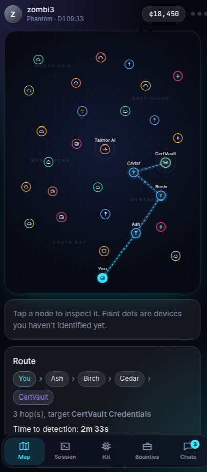 The Bounty map screen with a route through hijacked devices